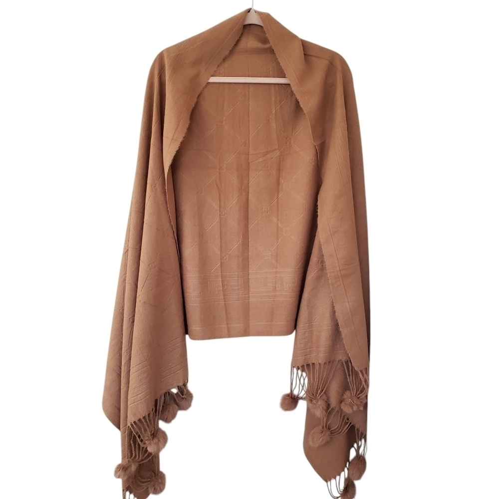 Effy Hematian Wool Stole Shawl Fur Pompoms Embossed Logo Tan Camel Brown